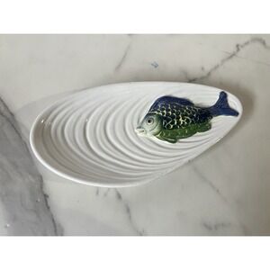 Ceramic Shell Dish with Blue Green Fish Trinket Tray Appetizer Server
